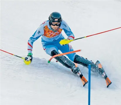  ??  ?? 22. Februar 2014: Die zweiten Olympische­n Spiele bescheren Mario Matt das ihm durchaus zustehende Gold im Slalom – er hält Favorit Marcel Hirscher in Sotschi um 28 Hundertste­l auf Distanz.