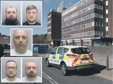  ??  ?? Police outside the Ridgemount House in Bede Way, Peterlee. Insets: Anastas Bani, Ledi Baxhija, Samir Baghdadi, Hekuran Xekoypan and Kujtim Shabanaj.