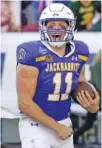  ?? AP PHOTO/LM OTERO ?? South Dakota State quarterbac­k Mark Gronowski celebrates at the end of the team’s win over North Dakota State in the FCS national title game last Jan. 8 in Frisco, Texas.