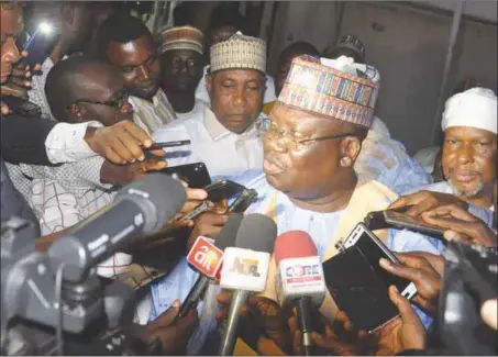  ??  ?? Lawan addressing journalist­s after a meeting of the National Working Committee of the APC