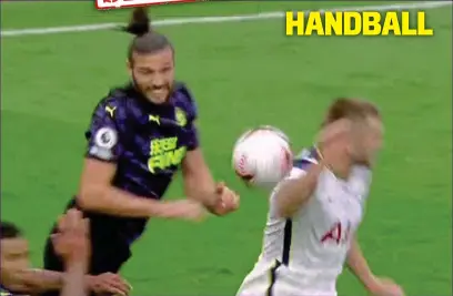  ??  ?? Back to front logic: Dier has his back to Carroll, but his arm is above shoulder height yesterday