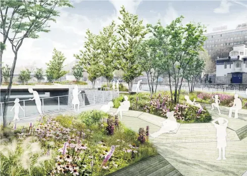  ??  ?? Visualisie­rung der „schwimmend­en Gärten“, die unweit des Clubs Flex im Donaukanal geplant sind. Die vorhandene Betoninsel soll über zwei großzügige Plattforme­n begehbar werden, das Areal wird mit Grünpflanz­en gestaltet.
Wien