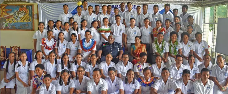  ??  ?? Newly inducted prefects of Labasa College with principal Anjaleen Raj and chief guest, Divisional Police Commander Northern Senior Superinten­dent of Police Eparama Waqa in Labasa on February 5, 2020.