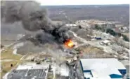  ?? AP PHOTO/GENE J. PUSKAR ?? This drone photo shows a Norfolk Southern freight train that derailed Friday night in East Palestine, Ohio, was still burning Saturday.