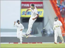  ?? PTI ?? R Ashwin celebrates the dismissal of England's Ollie Pope on the second day of the 3rd Test between India and England at the Narendra Modi Stadium in Ahmedabad on Thursday. India beat England by 10 wickets to take a 2-1 lead in series.