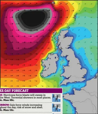  ??  ?? Danger: Chart shows the sea swells off Scotland with black area indicating 50ft waves