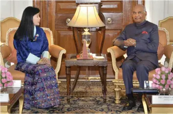  ?? — PTI ?? Queen Mother Ashi Dorji Wangmo Wangchuck of Bhutan meets President Ram Nath Kovind at Rashtrapat­i Bhavan in New Delhi on Saturday.