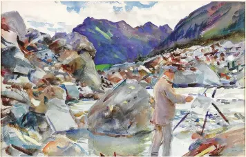  ??  ?? A Glacier Stream in the Alps (1909–11) depicts Sargent’s sketching companion, the Italian artist Ambrogio Raffele, capturing the landscape scene in front of him