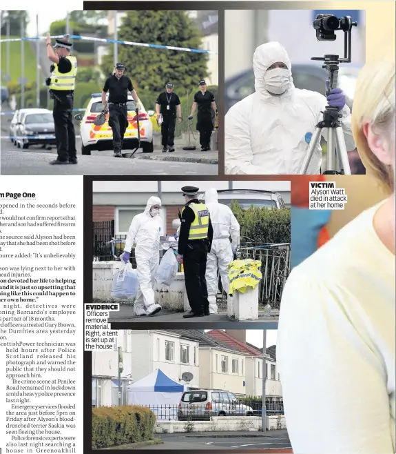  ??  ?? CORDON Police seal off the family home. Right, a forensic officer takes photos Pictures Mark Anderson EVIDENCE Officers remove material. Right, a tent is set up at the house VICTIM Alyson Watt died in attack at her home