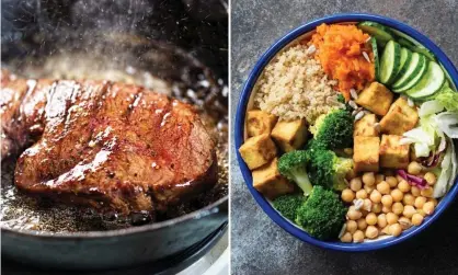  ?? Composite: Getty Images ?? Steak and a healthy vegetarian meal with pulses.
