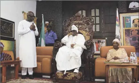  ??  ?? L-R: Edo State Governor, Mr. Godwin Obaseki; Oba of Lagos, Oba Rilwan Akiolu; and wife of Edo State Governor, Mrs. Betsy Obaseki, during the governor’s courtesy visit to the Oba’s Palace, as part of activities for a Townhall meeting with Edo indigenes resident in Lagos State… yesterday