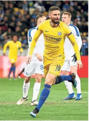  ??  ?? Chelsea’s Olivier Giroud celebratin­g after scoring the opener against Dynamo Kiev during the Europa League last 16, secondleg match in Ukraine on Thursday. — Reuters Top form: