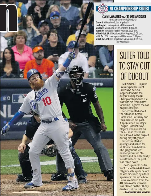  ?? — GETTY IMAGES ?? Dodgers’ Justin Turner belts a two-run home in the eighth inning off Brewers reliever Jeremy Jeffress in Game 2 of the NLCS in Milwaukee last night.