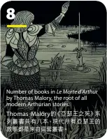  ??  ?? 8 Number of books in Le Morte d’Arthur by Thomas Malory, the root of all modern Arthurian stories.
Thomas Malory的《亞瑟王之死》系列叢書共有八本，現代所有亞瑟王的故事­都是來自這套叢書。