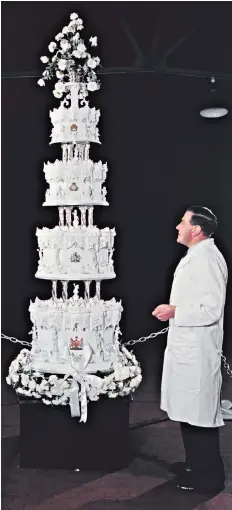  ??  ?? Left – Princess Elizabeth and Lt Philip Mountbatte­n, 1947:
a four-tier, 9ft cake painted with armorial bearings of both families, sugariced figures to depict their favourite activities, and regimental and naval badges.