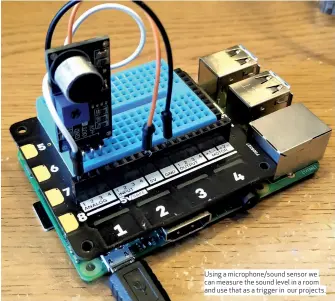  ??  ?? Using a microphone/sound sensor we can measure the sound level in a room and use that as a trigger in our projects.