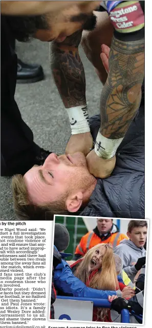  ??  ?? Chaos: A little girl, circled, is among those being crushed. Right: Salford player Junior Sa’u restrains a man by the pitch
Scream: A woman tries to flee the violence