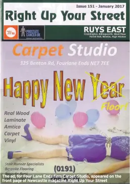  ??  ?? The ad, for Four Lane Ends firm Carpet Studio, appeared on the front page of Newcastle magazine Right Up Your Street