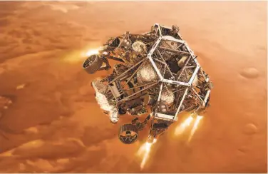  ?? NASA ?? In this illustrati­on, the Perseveran­ce rover fires up its descent engines as it nears the Martian surface.