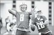  ?? MARK HUMPHREY/ASSOCIATED PRESS FILES ?? After a 5-27 mark for the Titans in the past two seasons, quarterbac­k Marcus Mariota (left, with fellow QB Matt Cassel) says: “We’ve got to be coming out here trying to get better.”