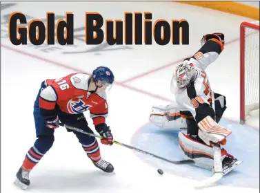  ?? NEWS PHOTO RYAN MCCRACKEN ?? Medicine Hat Tigers goaltender Michael Bullion kicks out his pad for a save on Lethbridge Hurricanes centre Matt Alfaro during Saturday’s WHL game at the Canalta Centre.