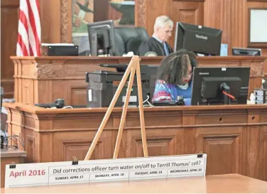  ?? MICHAEL SEARS / MILWAUKEE JOURNAL SENTINEL ?? An exhibit waits to go on display once proceeding­s get underway as the jury for an inquest into the death of Terrill Thomas is selected in the Milwaukee County Courthouse in front of Reserve Judge Francis Wasielewsk­i.