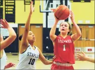  ?? Christian Abraham / Hearst Connecticu­t Media file photo ?? Greenwich’s Ava Sollenne looks to score as Staples’ Nicole Holmes defends during FCIAC girls basketball quarterfin­als action in Trumbull last February.