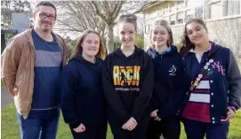  ??  ?? Looking forward to Warragul Regional College’s production of “We Will Rock You” at Lardner Park are (from left) head of drama Steve Wiegerink and leads Ayla Saul, Tegan Blackstock, Lily Whelan and Vilani Meain.