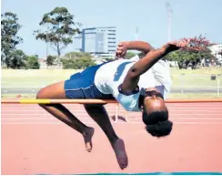  ??  ?? Lebo Tlou hits the crossbar in the high jump