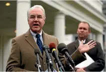  ?? PHOTO: REUTERS ?? US Secretary of Health and Human Services Tom Price, left, and Office of Management and Budget Director Mick Mulvaney speak to reporters after the Congressio­nal Budget Office released its score on proposed Republican health care legislatio­n.