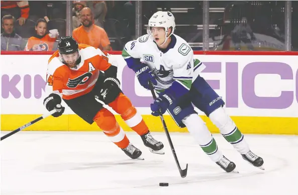  ?? MITCHELL LEFF/GETTY IMAGES ?? Vancouver Canucks sophomore centre Elias Pettersson has now played 100 games in the NHL, notching 98 points along the way.