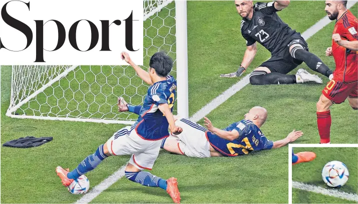 ?? ?? Close call: The ball looks to have crossed the goal-line as Japan’s Kaoru Mitoma pulls it back for Ao Tanaka to score the goal that beat Spain and meant Germany were knocked out of the World Cup