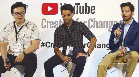  ??  ?? Laugh and learn: Using humor to combat extremism was the topic of a panel discussion with (L-R) Terence Chia and Haresh Tilani of Ministry of Funny and Priyank Mathur of Mythos Labs.