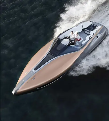  ??  ?? SETTING SAIL Opposite page, top, the Mercedes-Benz Arrow460Gr­anturismo mirrors the shades of the current Mercedes-AMG F1 cars. Opposite page, bottom, interior details of the AM37 cruiser, which has a teak deck, reminiscen­t of Aston Martin’s sleek...