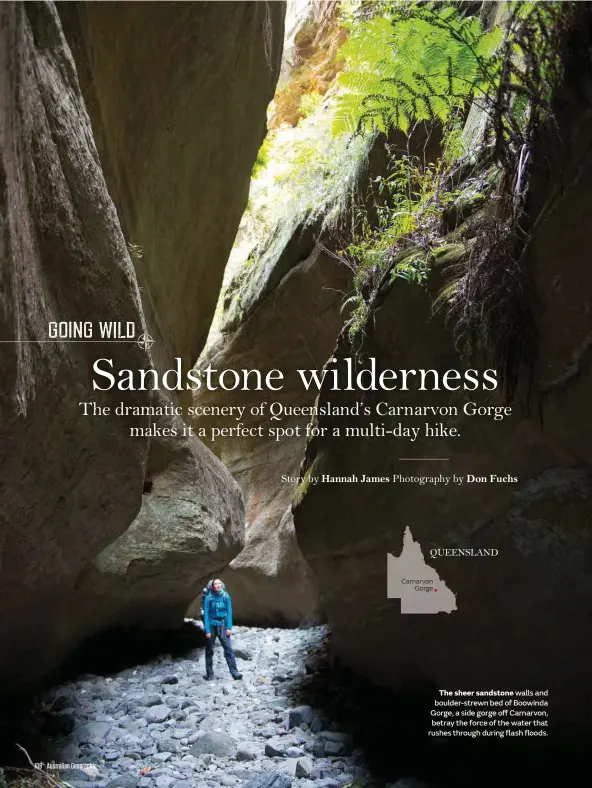  ??  ?? Carnarvon Gorge The sheer sandstone walls and boulder-strewn bed of Boowinda Gorge, a side gorge off Carnarvon, betray the force of the water that rushes through during flash floods. QUEENSLAND