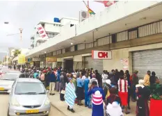  ??  ?? A sizeable crowd waited early Monday morning this week outside OK Supermarke­t in Mutare City centre after word had spread that cooking oil had been delivered to the retail outlet. The crowd dispersed after it was announced that there was no cooking oil
