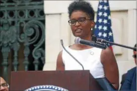  ?? TRENTONIAN FILE PHOTO ?? In this file photo, Trenton West Ward Councilper­son Robin Vaughn speaks to the crowd at the inaugurati­on ceremony.