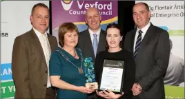  ??  ?? Runner-up in the Best Establishe­d Business, Caroline Martin of Wedding Creations, pictured with Tom Enright, CE, Wexford County Council; Cllr Barbara-Anne Murphy; Tom Banville of LEO and Minister Paul Kehoe TD.