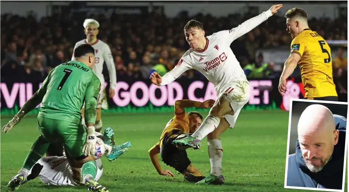  ?? ?? All white on the night: Newport goalkeeper Nick Townsend spreads himself but cannot stop Rasmus Hojlund firing in United’s fourth. United boss Erik ten Hag (above)