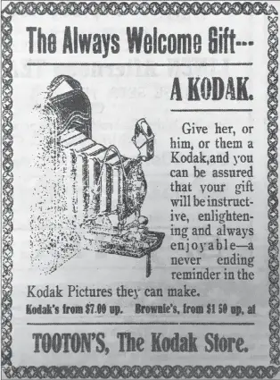  ??  ?? On Dec 14, 1917, The Evening Telegram featured dozens of advertisem­ents from local businesses, some offering best wishes for the Christmas season and others, like Tooton’s: The Kodak Store, making a last-minute plug for one of their cameras.