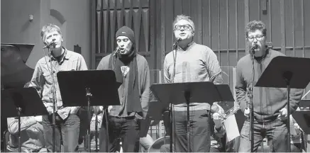  ?? JAMES WHITTALL ?? Craig Northey, left, John Mann, Steven Page and Andy Maize rehearse for Thursday’s performanc­e at Dominion-Chalmers United Church.