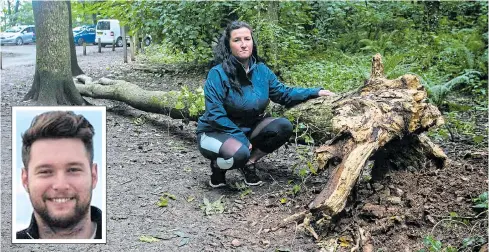  ?? Pictures: TONY KERSHAW/SWNS ?? Tragic Ryan O’Carroll, inset, and local Natalie Jupp yesterday beside the tree that fell on him at Tehidy Country Park, in Cornwall.