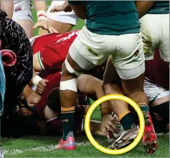  ??  ?? SPOT THE BALL: The match ball is just visible through a forest of Lions and South African legs yesterday as Luke Cowan-Dickie touches down for Gatland’s men