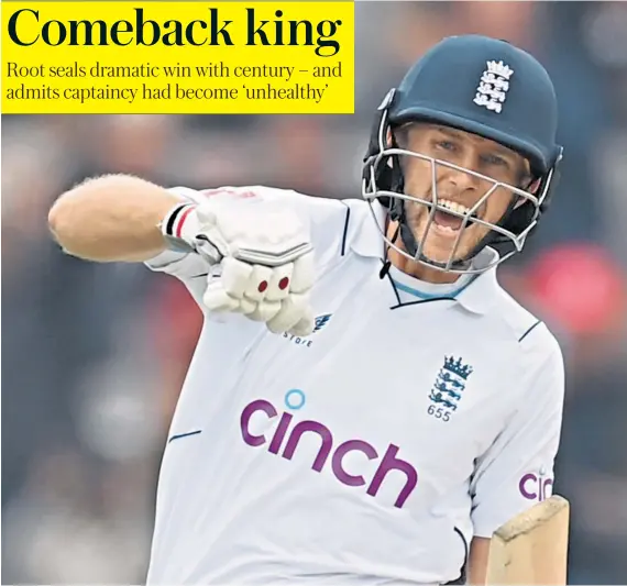  ?? ?? Joe Root shows his elation after hitting the decisive boundary to seal a five-wicket victory for England in the first Test against New Zealand at Lord’s, which included his 10,000th Test run