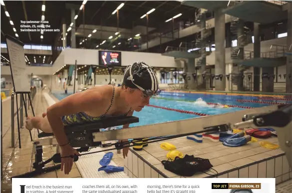  ??  ?? Top swimmer Fiona Gibson, 23, using the Swimbeam in between sets