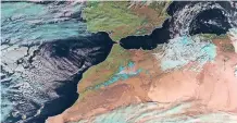  ?? EUMETSAT via AFP ?? A PHOTO taken by Europe’s Metop-B satellite and released on December 22, 2016, shows the first snowfall in the Sahara Desert since February 1979. Snow fell again in the Sahara last month. |