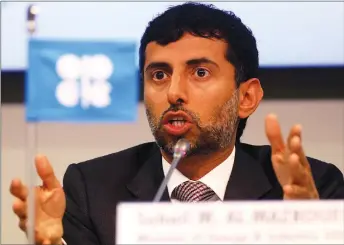  ?? AP PHOTO ?? Minister of Energy of the United Arab Emirates, Suhail Mohamed Al Mazrouei, speaks at a news conference after a meeting of the Organizati­on of the Petroleum Exporting Countries at their headquarte­rs in Vienna, Austria.