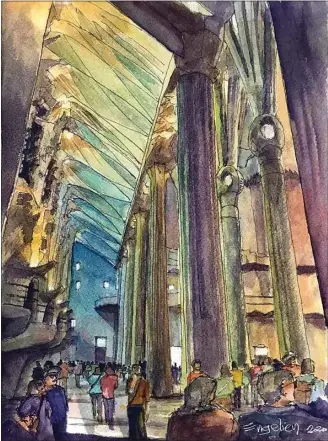  ?? COURTESY OF MARK ENGELIEN ?? Mark Engelien captures his visit to Sagrada Familia with ink and watercolor. The retired architect has turned his eye of structures to urban sketching to truly embrace the world around him.