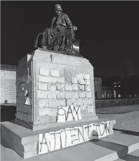  ?? Angie Vertti ?? After a Rice University alumna wrote an op-ed about her sexual assault in the student newspaper last month, several copies were posted to a statue on campus.