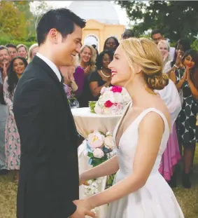  ?? PHOTOS: UNIVERSAL PICTURES ?? The characters played by Harry Shum Jr., left, and Jessica Rothe have a picture-perfect wedding in All My Life.